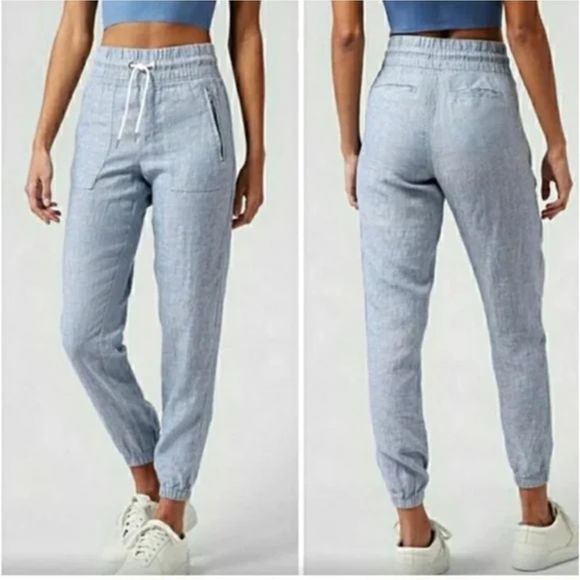 Athleta Pants - Athleta 4 Petite Cabo Linen Jogger Ankle Crop Draw String Blue Pull On